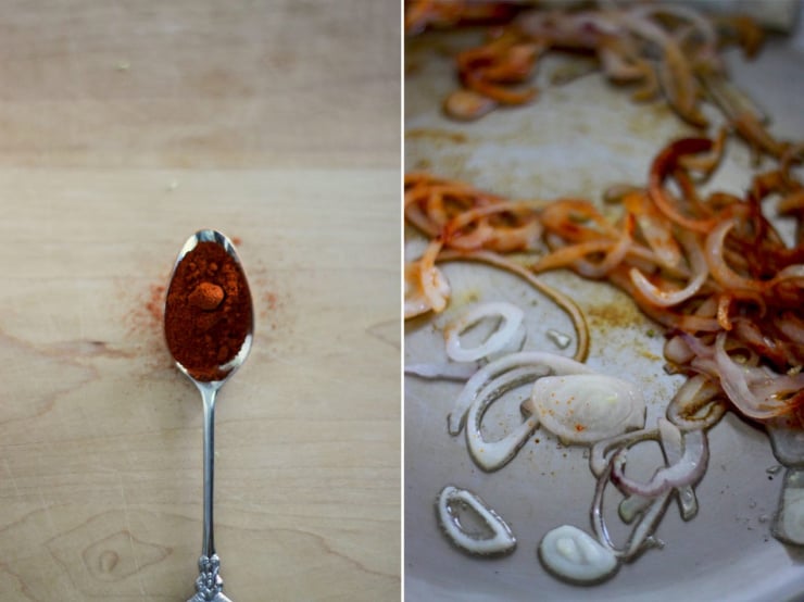 Two images show a spoonful of smoked paprika and sautéed shallots.