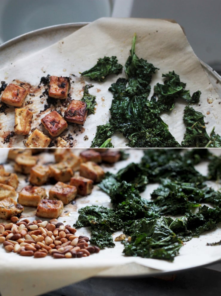 Two images show a sheetpan lined with parchment containing roasted cubes of tofu, roasted chopped kale, and deeply browned pine nuts.
