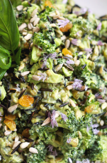 Image shows a creamy broccoli salad garnished with basil.
