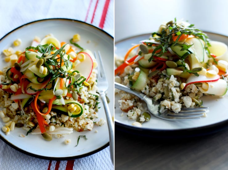 Veggie Ceviche w/ Chipotle Pepita "Pilaf" // The First Mess Two photos show shotws of a vegetable "ceviche" with cauliflower rice.