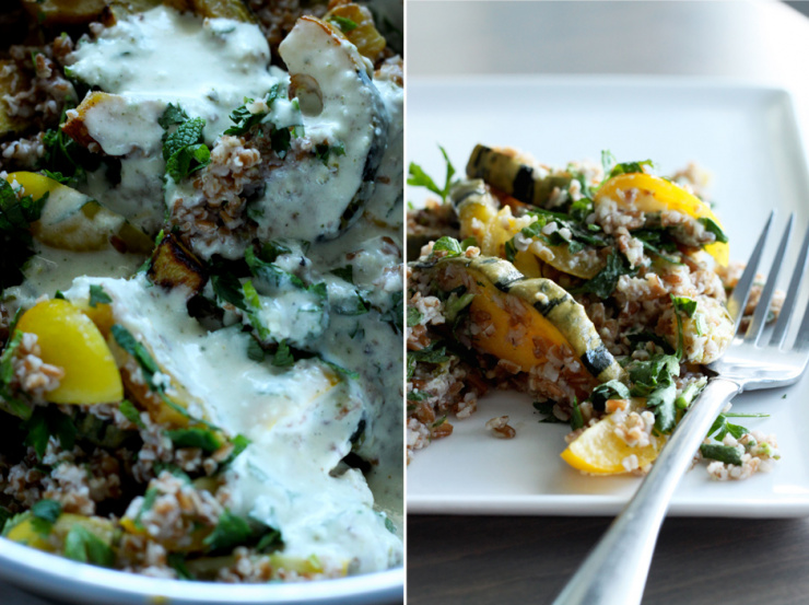 delicata squash + whole lime tabbouleh // The First Mess Two images show a delicata squash and lime bulgur salad. In one image the dressing is poured over the grains and vegetables, and in the other: a plated portion of the finished salad with a fork.