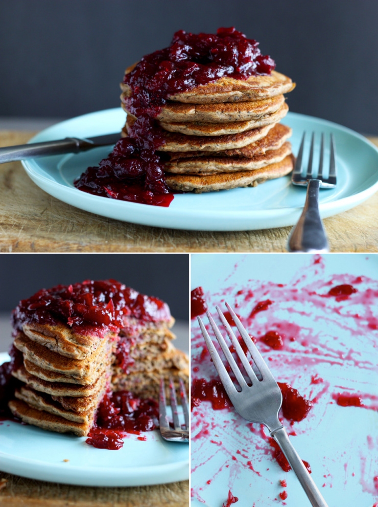 dirty chai pancakes flavoured pancakes with cranberry vanilla compote on top vegan dirty chai pancakes - The First Mess
