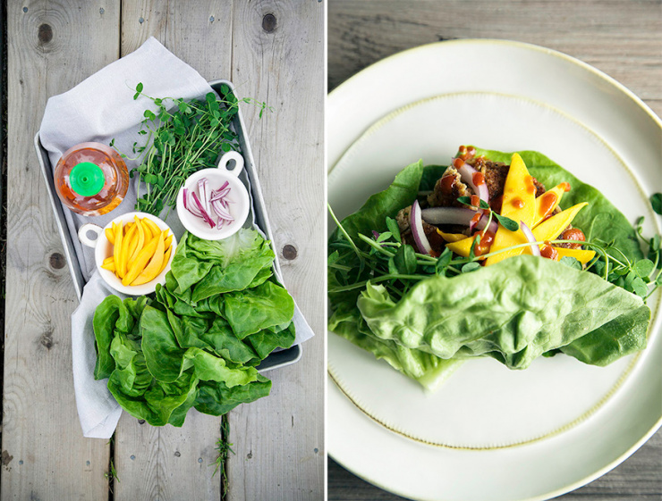 Two images show: toppings for a tempeh burger + a wrapped up tempeh burger in lettuce leaves on a plate.
