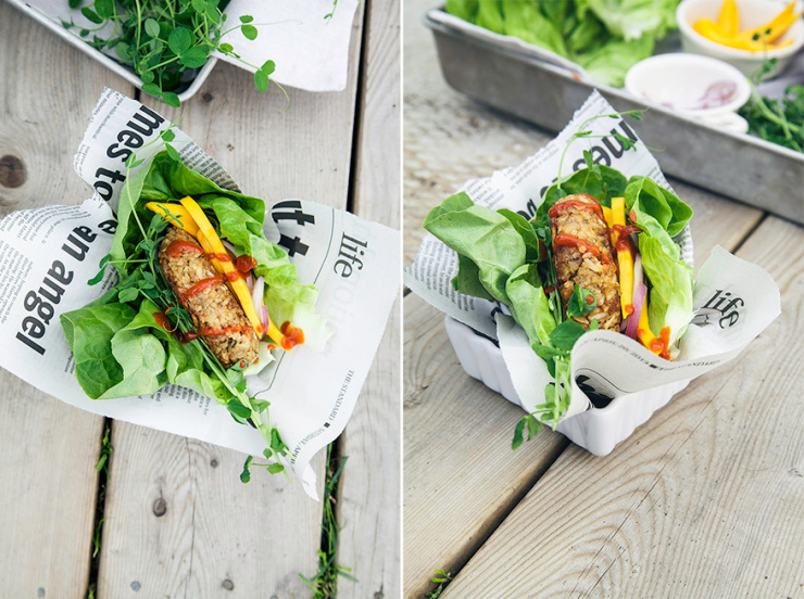 Two side by side shots show a tempeh and rice veggie burger wrapped in lettuce, topped with mango, red onion, and sriracha.