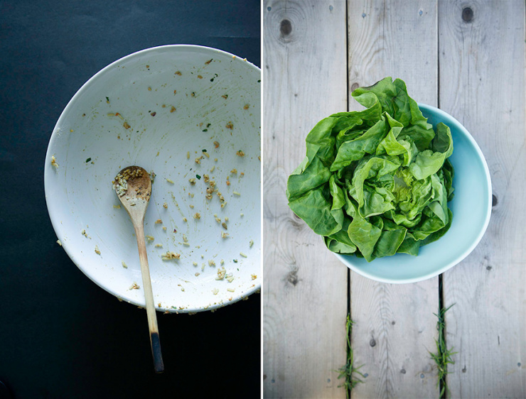 Two photos show: a clean out mixing bowl and a bowl containing a fresh head of boston lettuce.