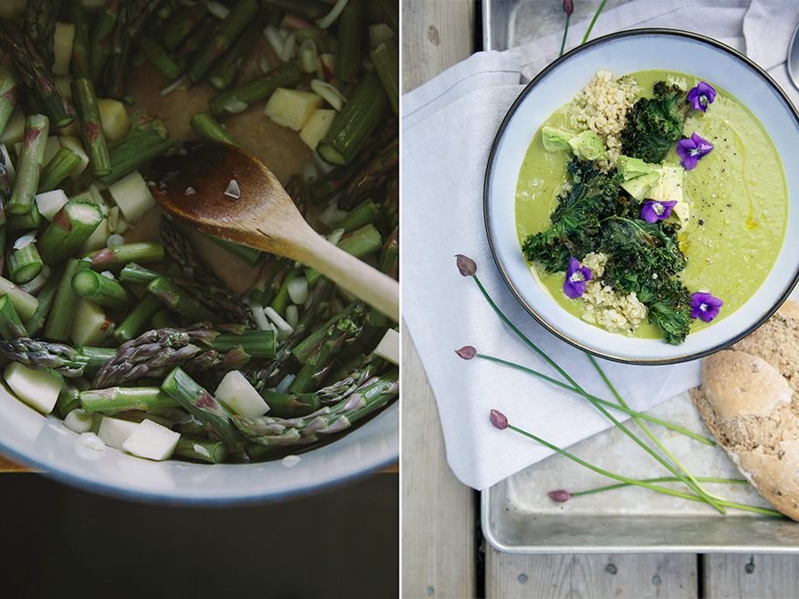 Two images show asparagus being sautéed in a pot and a bowl of mellow green asparagus soup with lots of garnishes.