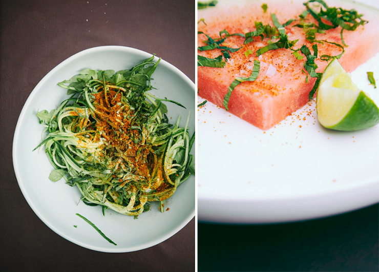 Two images show a bowl full of cucumber "noodles" with herbs and spices and a wedge of watermelon on a plate with basil and flaky salt on top.