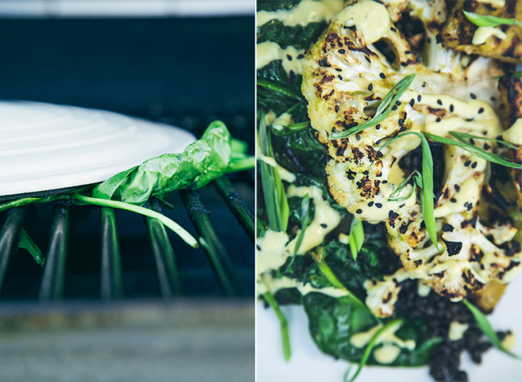 JERK-INSPIRED VEGGIE GRILL WITH MANGO GINGER SAUCE - The First Mess Two images show greens being grilled and grilled cauliflower on top of cooked greens.