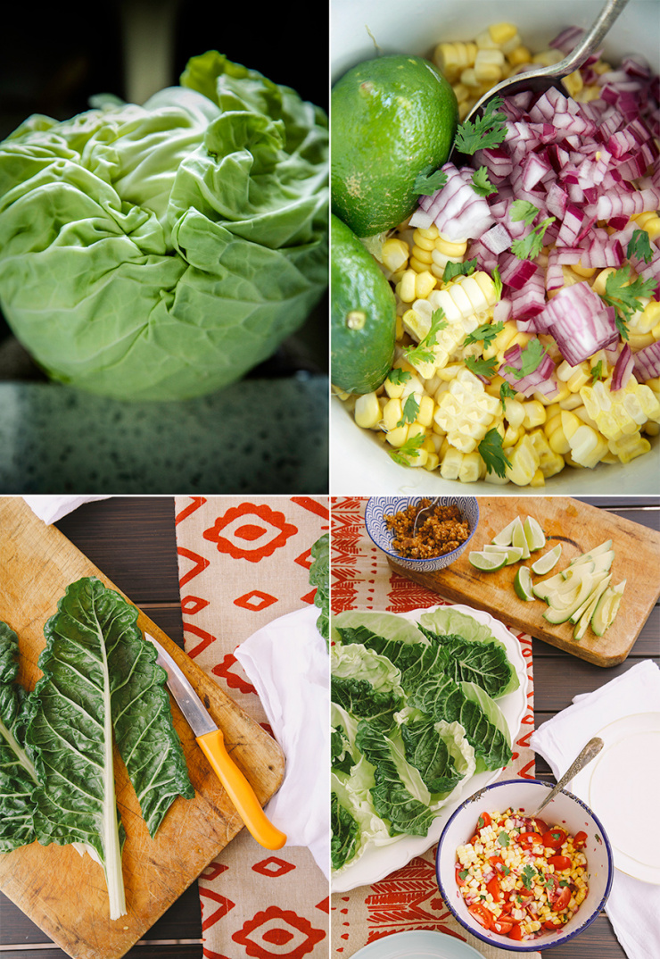 4 photos: an up close shot of a wrinkly head of cabbage, an up close shot of corn salsa before mixing, an overhead shot of chard leaves having their stems removed on top of a wood cutting board, and an overhead shot of the assembly ingredients for raw and vegan tacos.