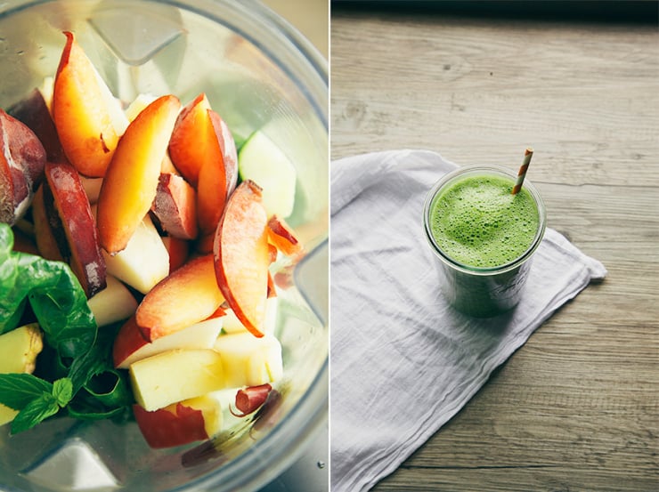 Two images show ingredients in a blender and then a blended green smoothie in a glass on top of a white napkin.