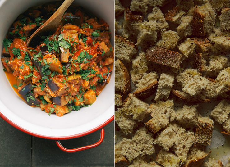 Two images show: a prepared eggplant caponata and a bunch of cubes of sourdough bread.