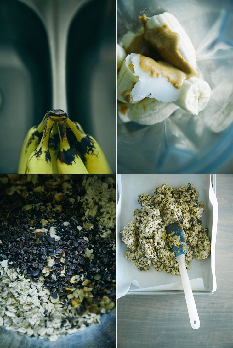 4 images show: spotty bananas, peeled bananas plus coconut oil and nut butter in a blender jar, oats and chocolate chips in a bowl, granola bar mix being pressed into a parchment-lined pan with a spatula