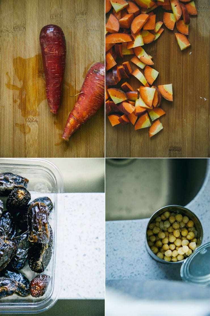 Four prep photos for this vegetable stew: 2 deep red heirloom carrots on a cutting board, the carrots chopped on the cutting board, a container of Medjool dates in a white background, and an open can of chickpeas near a stainless steel sink.