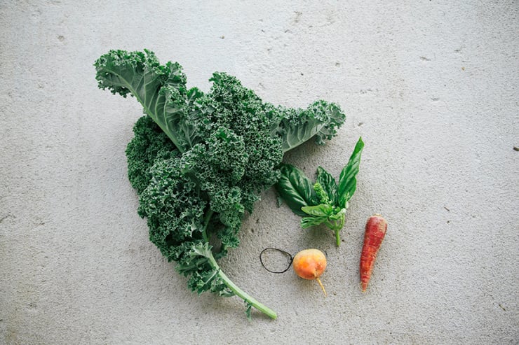 An overhead shot of kale, a golden beet, sprig of basil, and a carrot on a grey background.