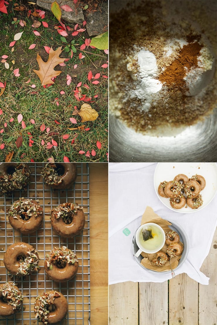 4 photos show: autumn leaves on the ground, dry ingredients for a donut batter in a bowl, glazed donuts on a rack, and plated glazed donuts with a cup of tea.