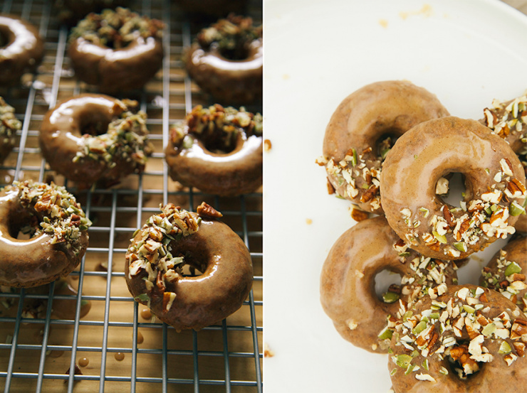 2 images show small glazed donuts with chopped pecans and pumpkin seeds on top.