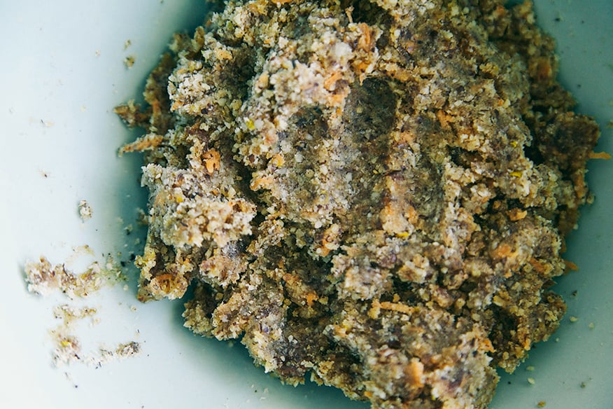 An overhead shot shows a raw and vegan carrot cake "batter"