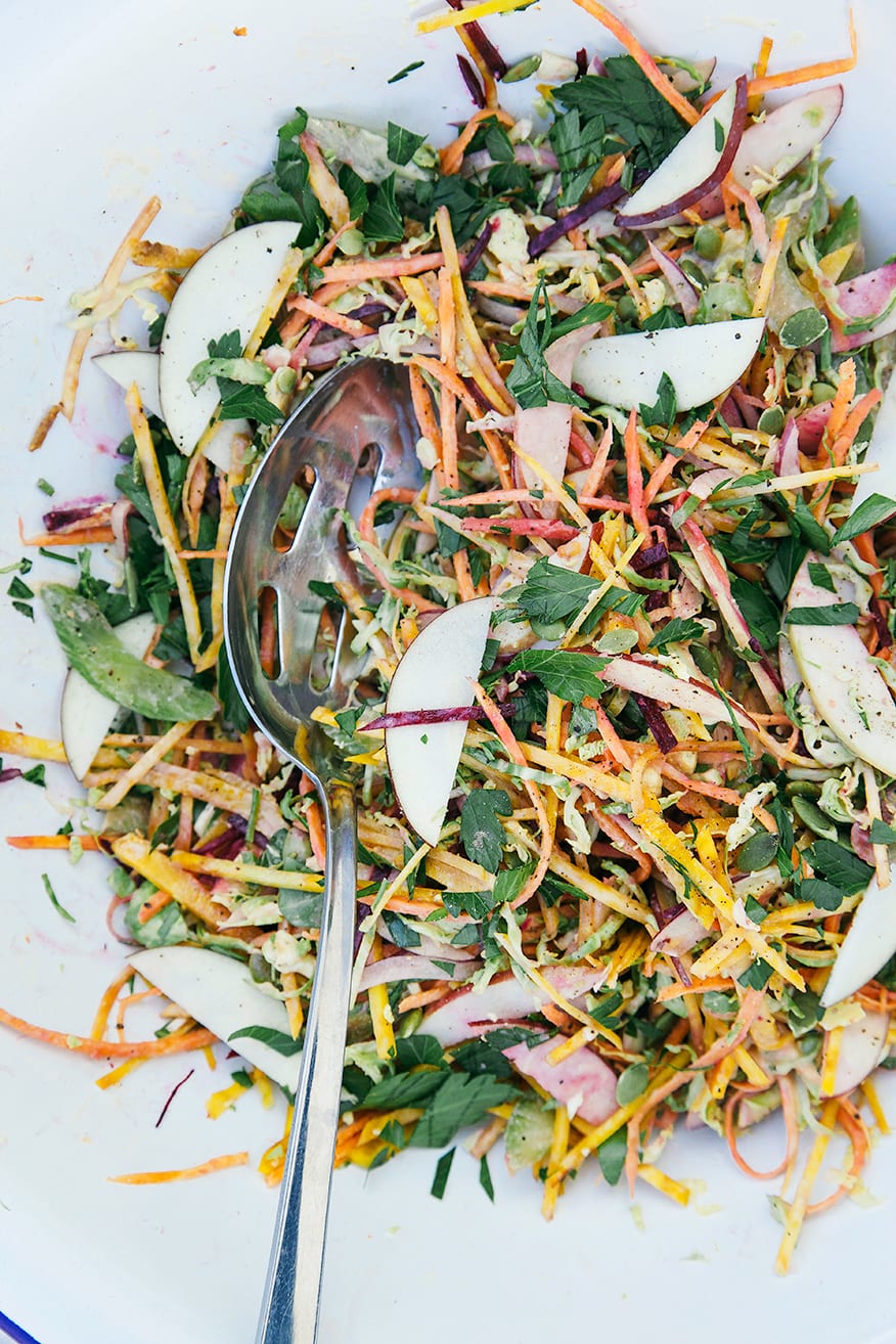 An overhead shot of a shredded, colourful salad.