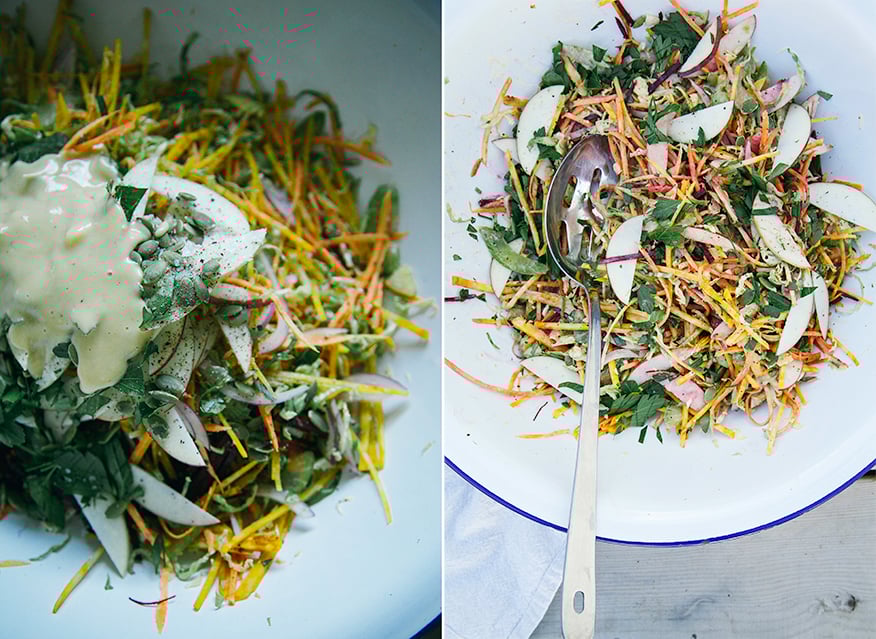 Two photo s showing a colourful shredded salad.