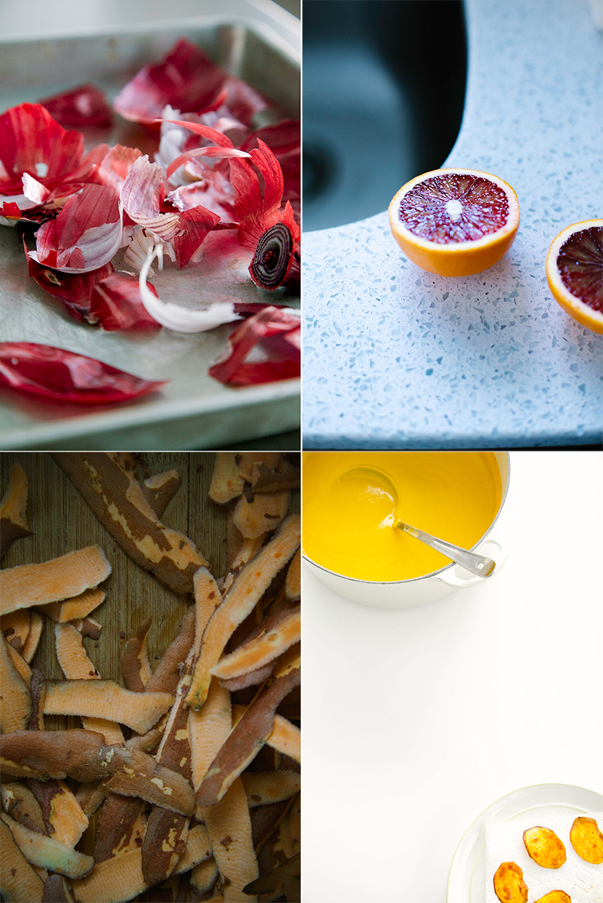 Four images show red onion skins, a cut blood orange, sweet potato peels and a pot of sweet potato soup.