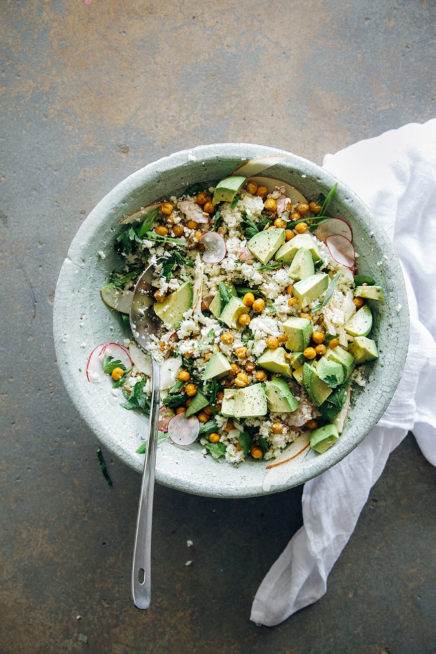 CAULIFLOWER & ROASTED GARBANZO RICE AND PEAS SALAD WITH APPLE AND AVOCADO
