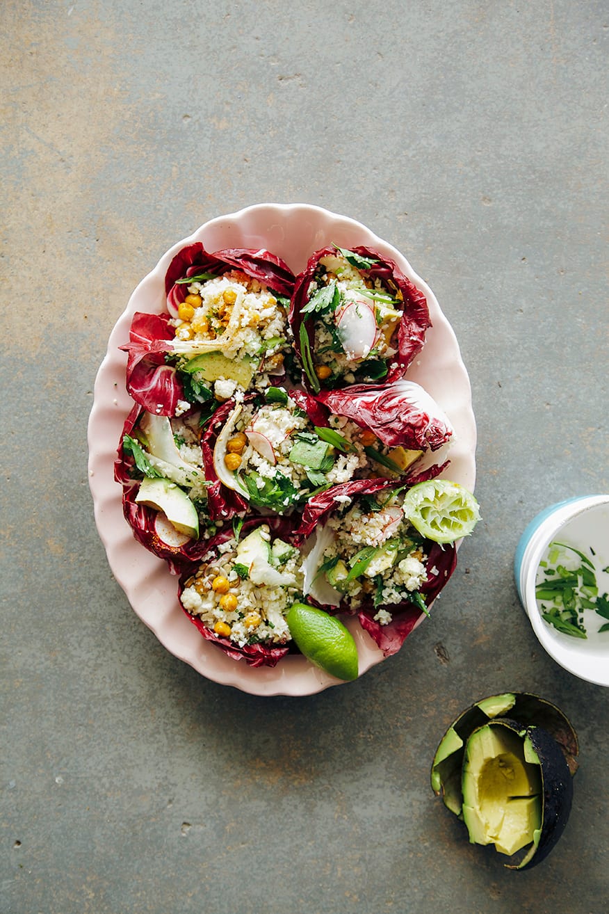 CAULIFLOWER & ROASTED GARBANZO RICE AND PEAS SALAD WITH APPLE AND AVOCADO