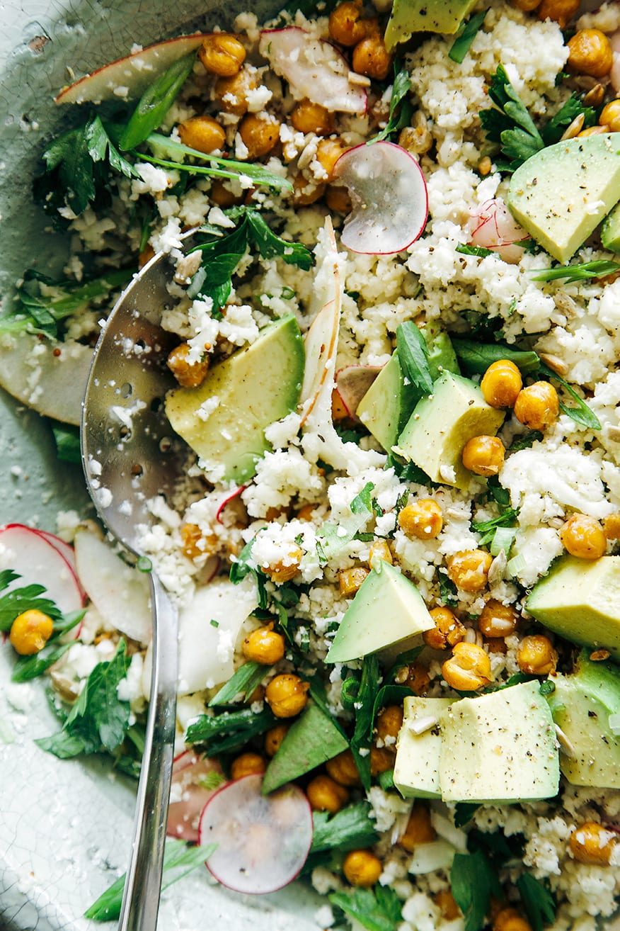 CAULIFLOWER & ROASTED GARBANZO RICE AND PEAS SALAD WITH APPLE AND AVOCADO
