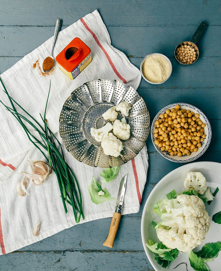 An overhead shot of ingredients used in a firm veggie burgers recipe.