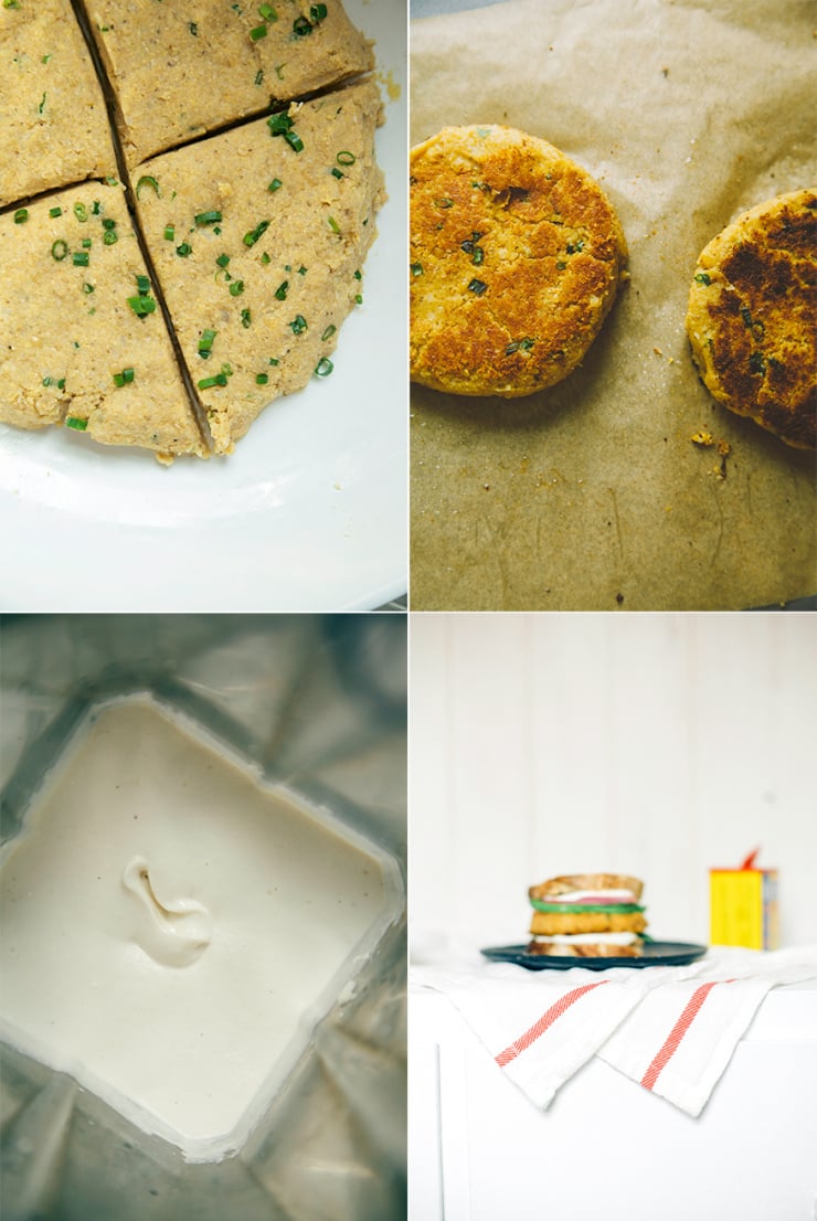 4 photos show veggie burger mix, cooked veggi eburgers, cashew "mayo" in a blender pitcher, and a blurry photo of the plated veggie burgers.