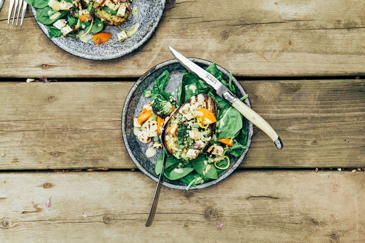 charred broccoli + tofu stuffed avocados with sweet lemon curry sauce // the first mess