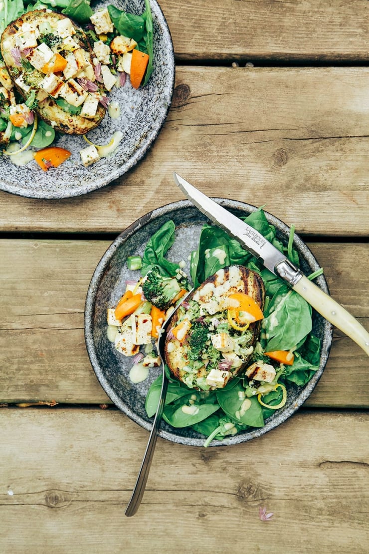 charred broccoli + tofu stuffed avocados with sweet lemon curry sauce // the first mess