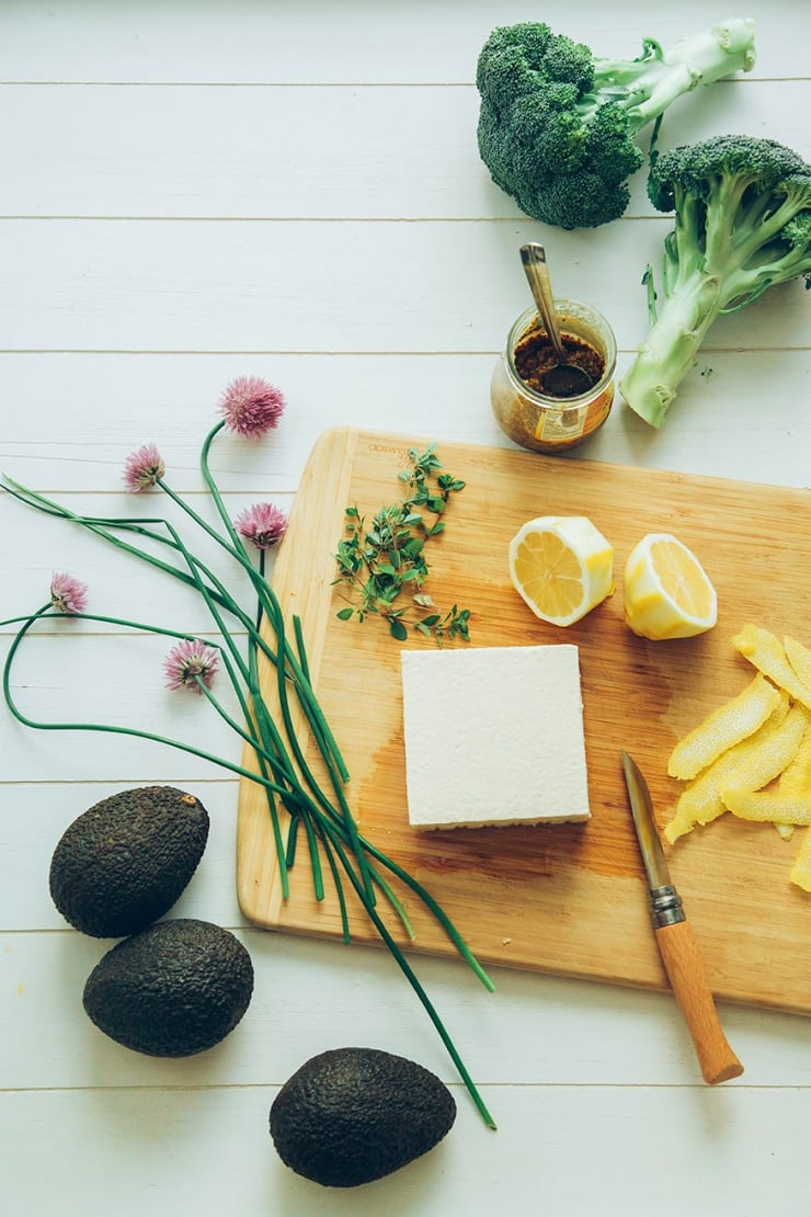 ingredients for charred broccoli + tofu stuffed avocados with sweet lemon curry sauce // the first mess