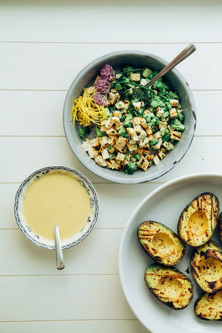 pre-plate (charred broccoli + tofu stuffed avocados with sweet lemon curry sauce) // the first mess