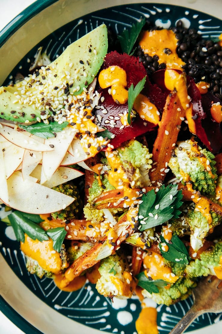 fall veg + lentil bowl with goji ginger tahini cream // @thefirstmess
