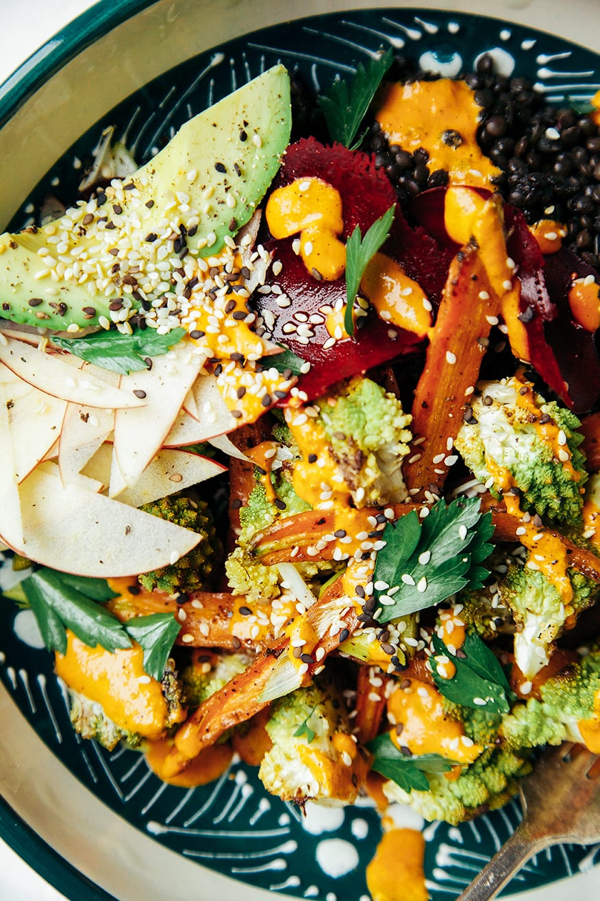 fall veg + lentil bowl with goji ginger tahini cream // @thefirstmess