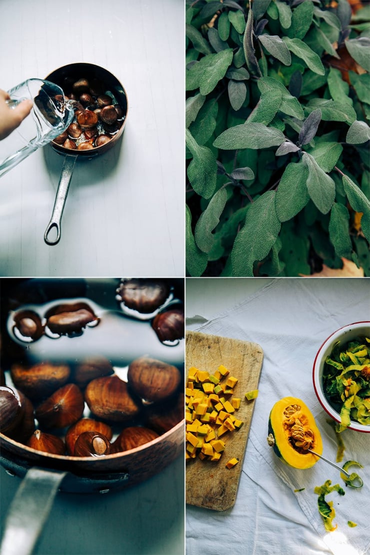 4 photos in a grid: 1 of chestnuts in a copper pot being covered with water, one up close shot of a red sage plant, one shows a pot of chestnuts submerged in water up close, and the last one shows a halved kabocha squash with diced squash on the side.