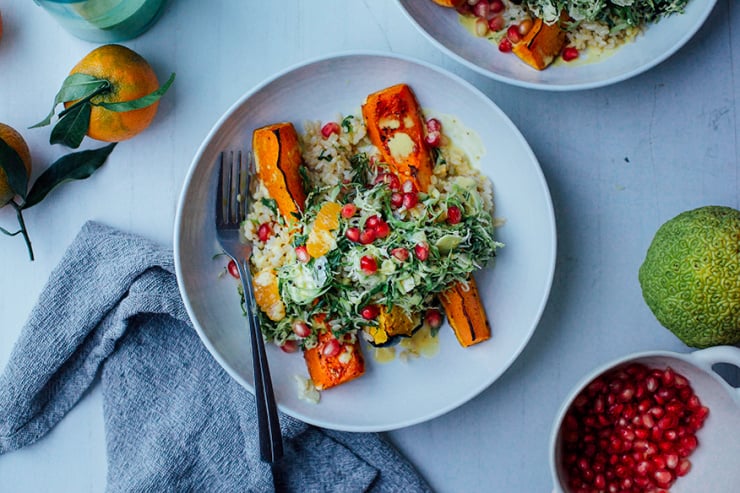 salty maple squash w/ ginger scallion rice + turmeric brussels slaw // @thefirstmess