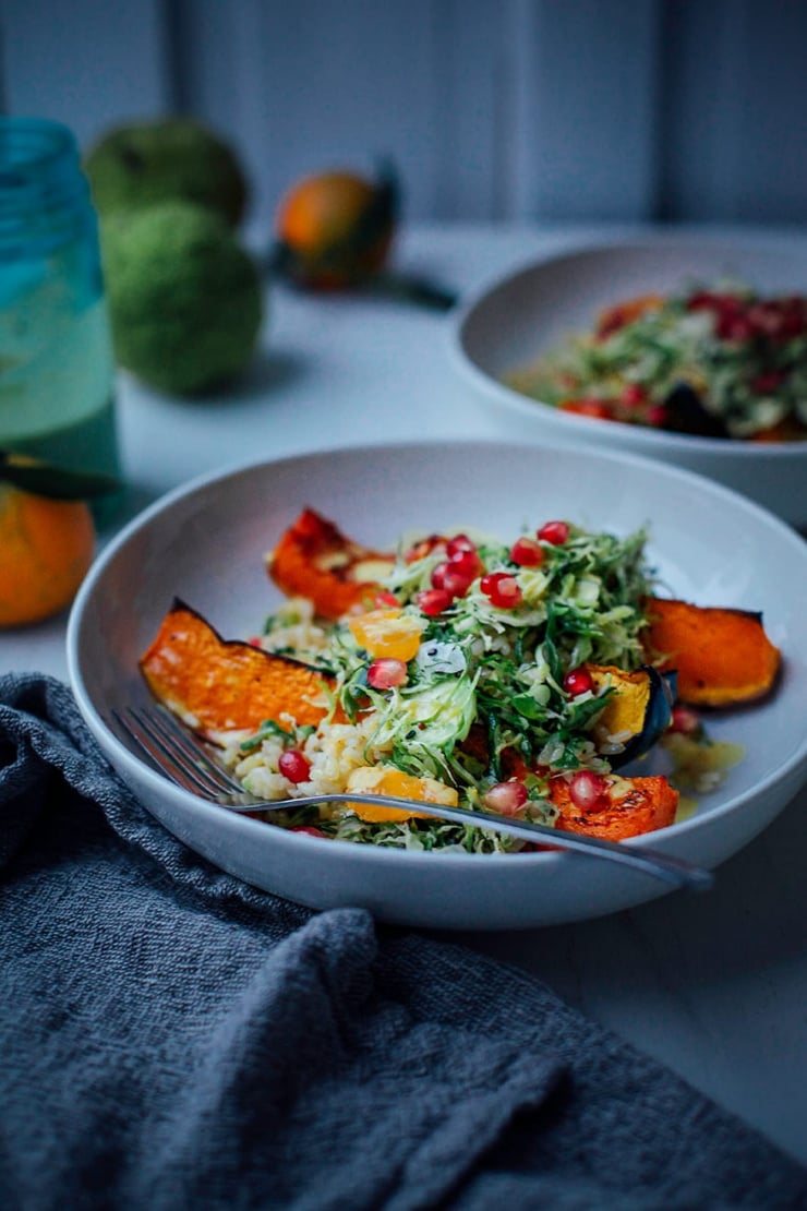 salty maple squash w/ ginger scallion rice + turmeric brussels slaw