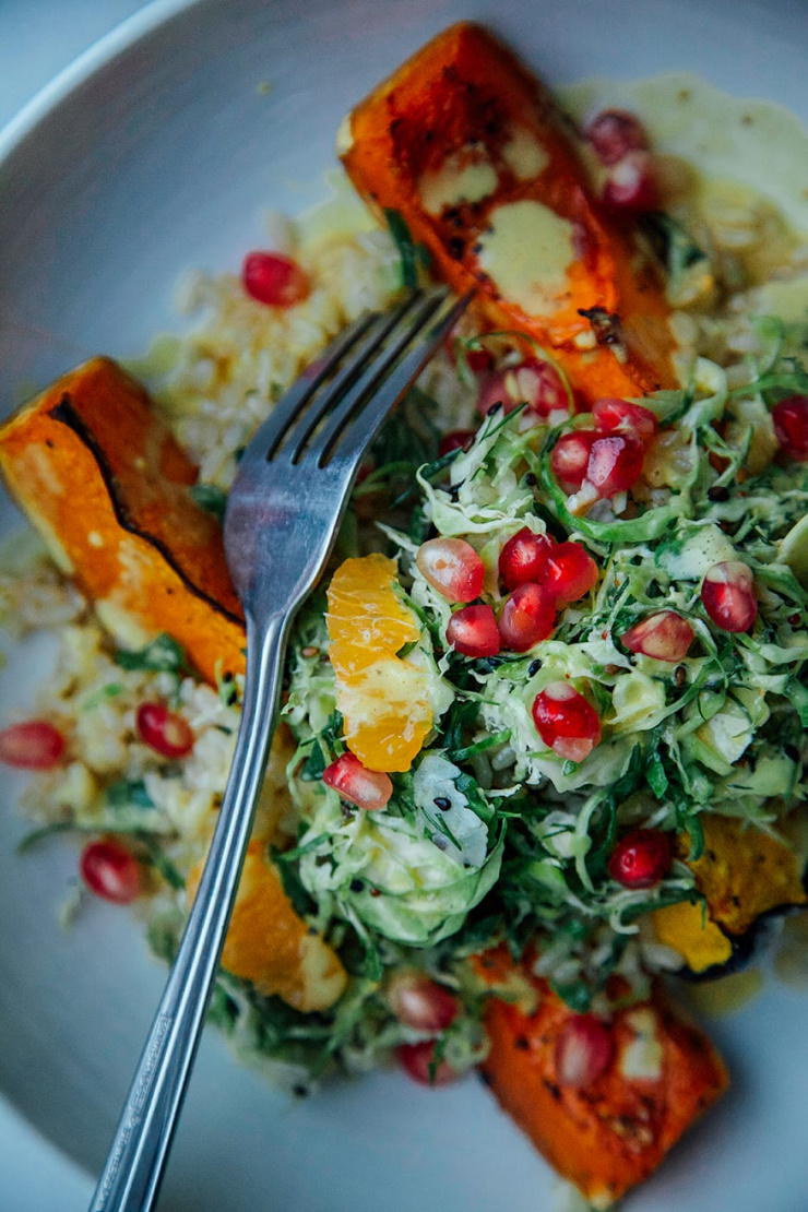 salty maple squash w/ ginger scallion rice + turmeric brussels slaw // @thefirstmess