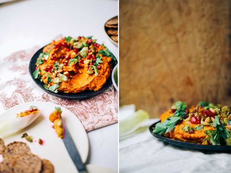 Roasted carrot harissa dip with chickpeas.