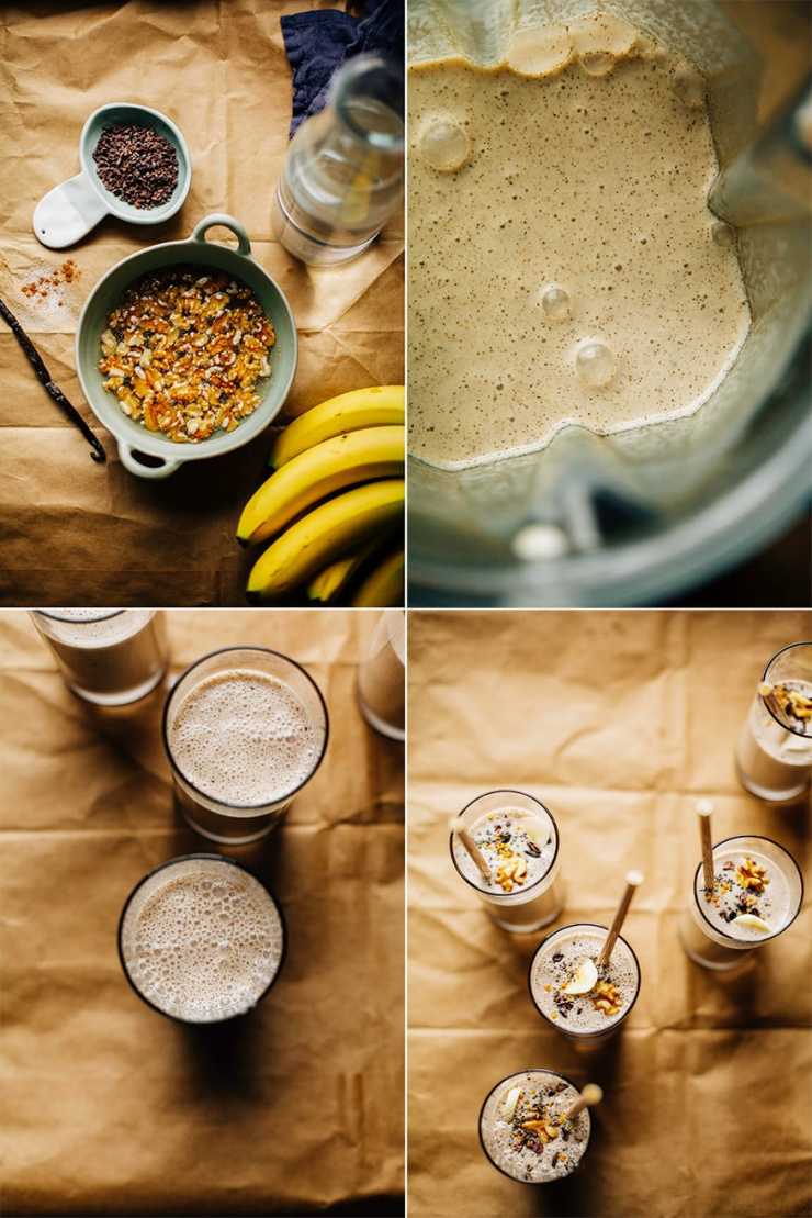 raw banana bread shake 4 photos showing the preparation of banana bread shakes. One with walnuts soaking in a ceramic bowl, One with the blended walnut milk in the blender, and two shots showing the banana bread shakes in slim clear glasses on a brown paper background.