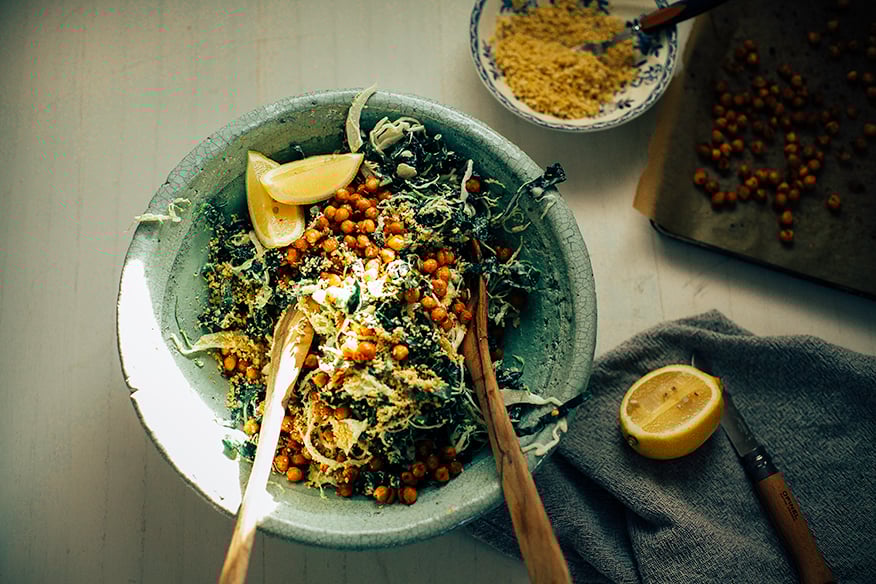 Brussels Sprout Caesar Slaw with Kale, Chickpeas & Pine Nut "Parm"