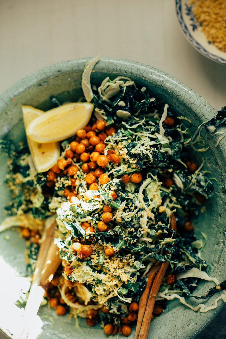 Brussels Sprout Caesar Slaw with Kale, Chickpeas & Pine Nut "Parm"