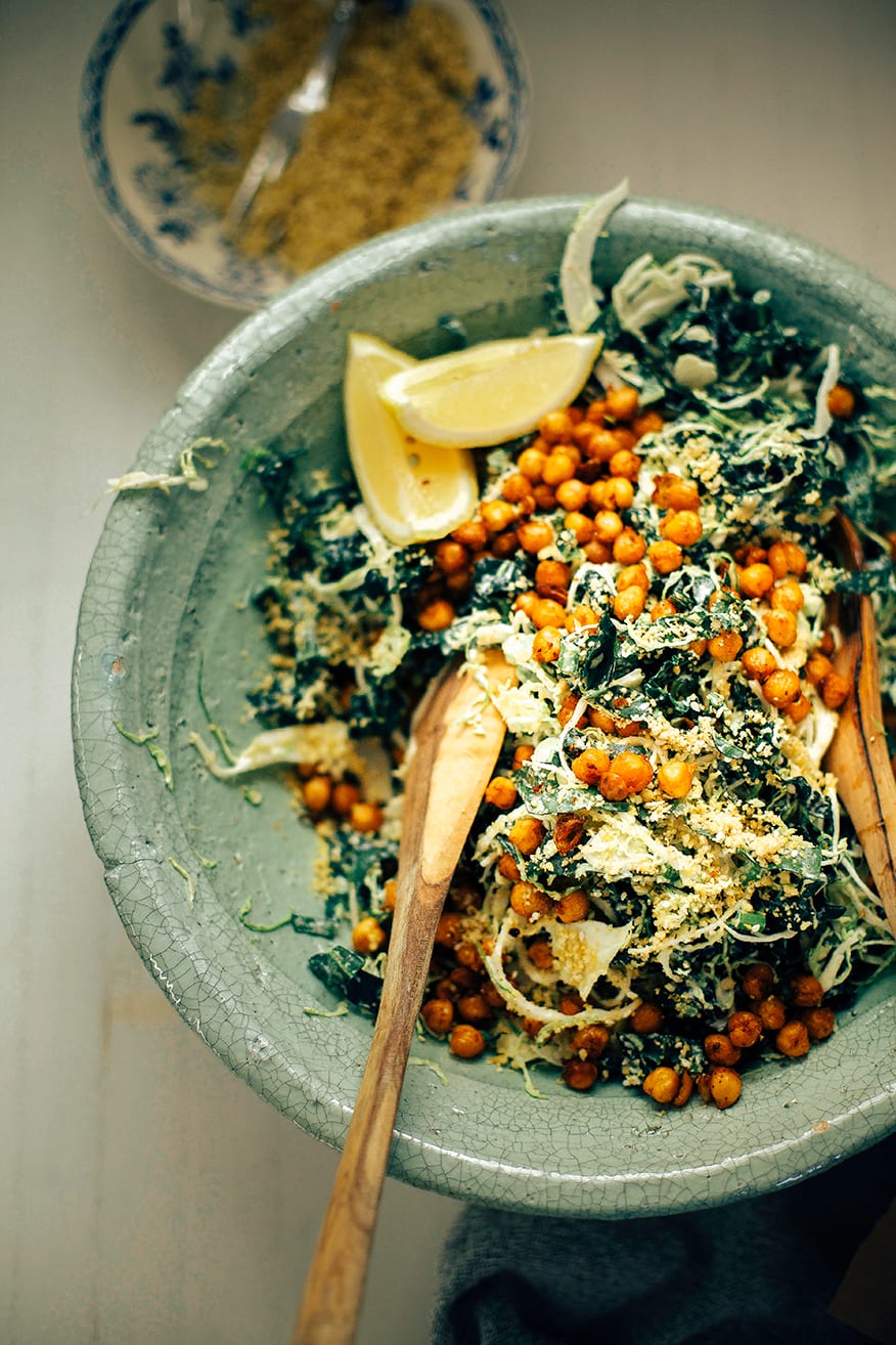 Brussels Sprout Caesar Slaw with Kale, Chickpeas & Pine Nut "Parm"