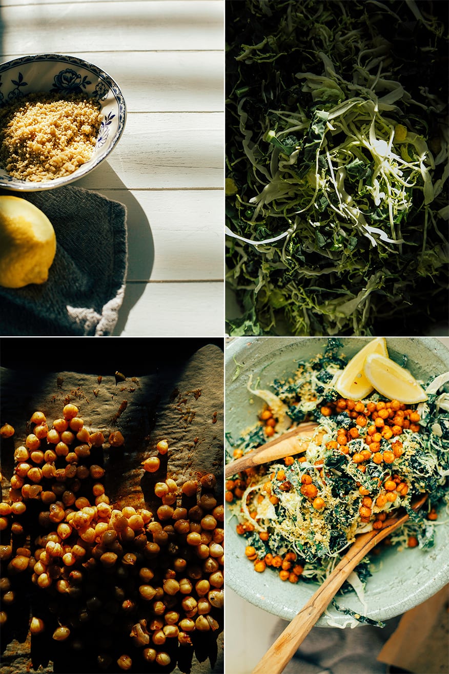 Brussels Sprout Caesar Slaw with Kale, Chickpeas & Pine Nut "Parm"