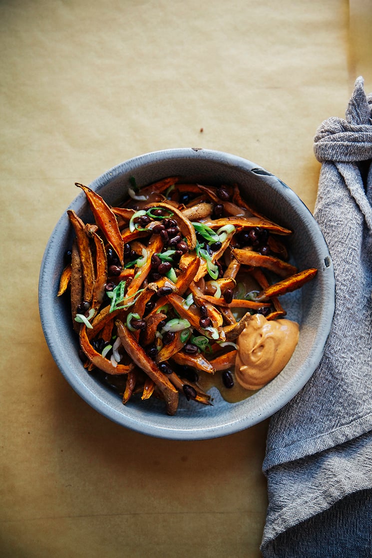 curry garlic sweet potato fries with miso gravy // via @thefirstmess curry garlic sweet potato fries with miso gravy // via @thefirstmess