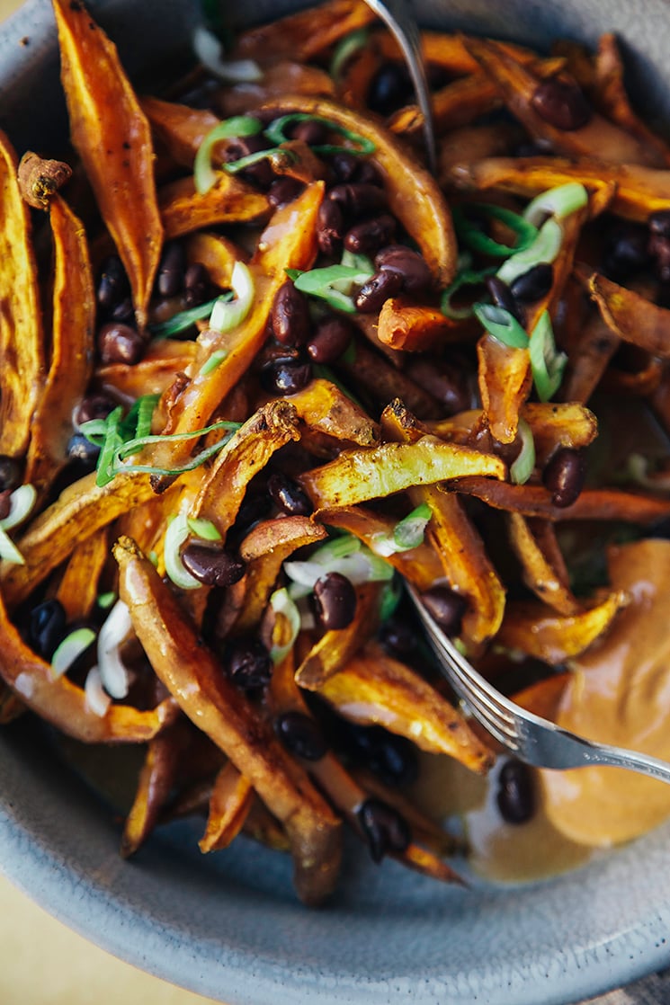 curry garlic sweet potato fries with miso gravy // via @thefirstmess curry garlic sweet potato fries with miso gravy // via @thefirstmess