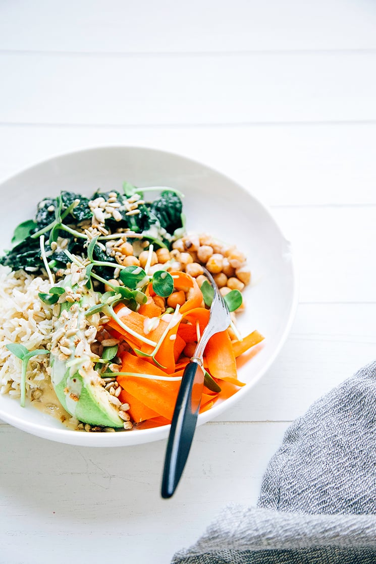 amazing tahini dressing + a healthy grain bowl with kale, chickpeas, brown rice, and carrot.