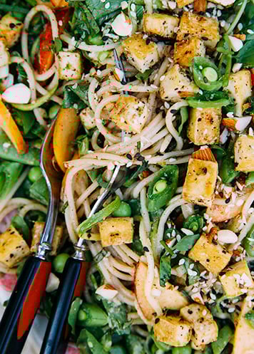 cool vegan noodle salad w/ seared tofu + zingy almond butter sauce // via thefirstmess.com