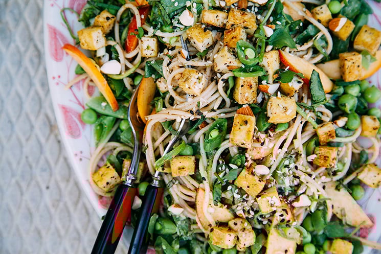cool vegan noodle salad w/ seared tofu + zingy almond butter sauce